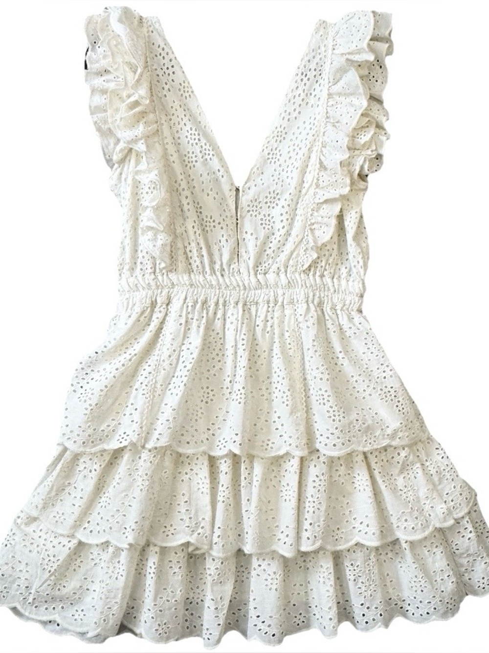 Love The Label Ivory Eyelet Ruffle Tiered Mini Dress Medium Cotton